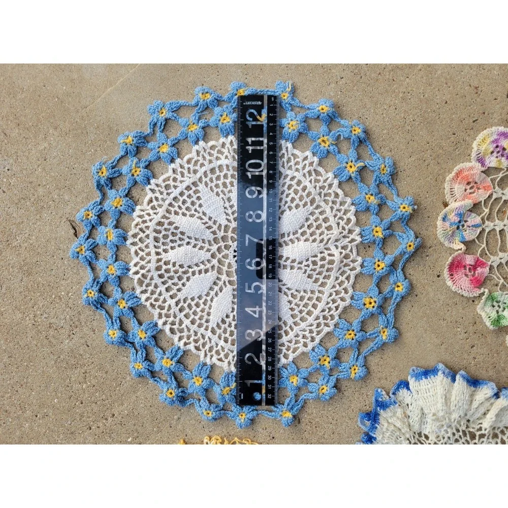 Lot 4 Vintage Hand Crocheted Doilies Round Multi Color Ruffled Lace Flowers-Read